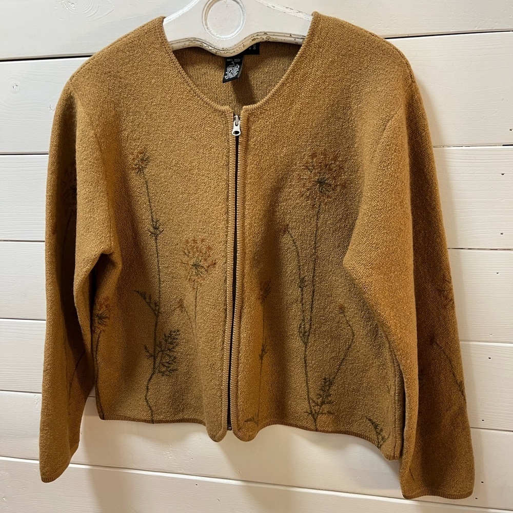 SIGNATURE SPORTS Camel Wool Zip Cardigan Floral Motif Size L - Picture 4 of 10